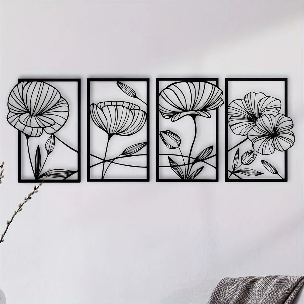 4 Piece Metal Lotus Flower Wall Decor, Floral Aesthetic Splicing Line Art