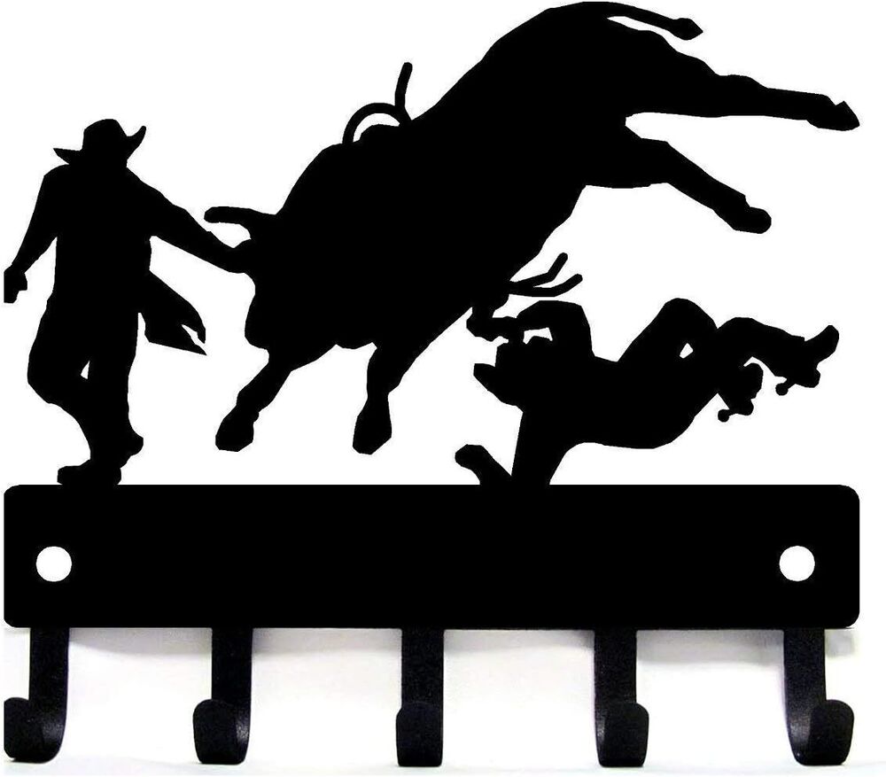 Cowboy Bull Rider Rodeo Clowns - Key Rack Hanger - 9 inch Wide Metal Wall Art