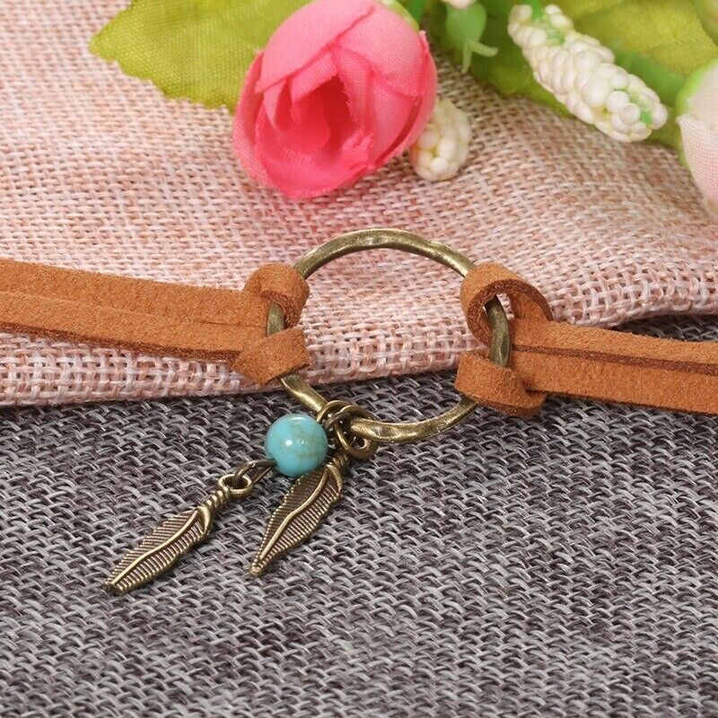 Women Necklace Alloy Brown Leather Chain Boho Choker Feather Bead Pendant 39.5cm