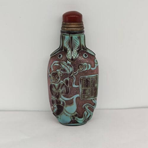 vintage carved glass snuff bottle snuffbox rare glaze Figure-story antique child