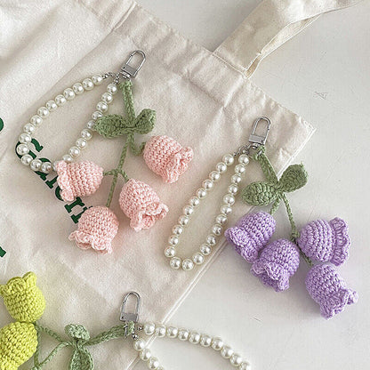 1Pc Flower Knitted Keychain Keyring Women Crocheted Wool Flower Leaf Bag Pendant