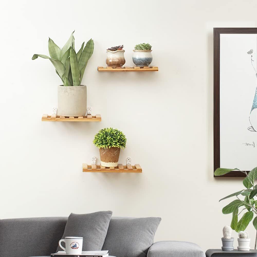 Small Bamboo Floating Shelves Wall Hanging Rack Holder Storage Home Decor 3 Pcs