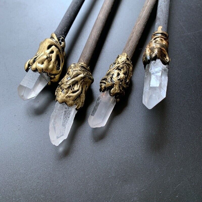 Witch Magic Sticks Clear Quartz Point Crystal Scepter Fairy Wand Props 35cm Wood