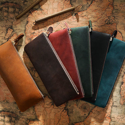 Handmade Crazy Horse Leather Vintage Larege Pen Bag Pencil Case for 5-10 Pens
