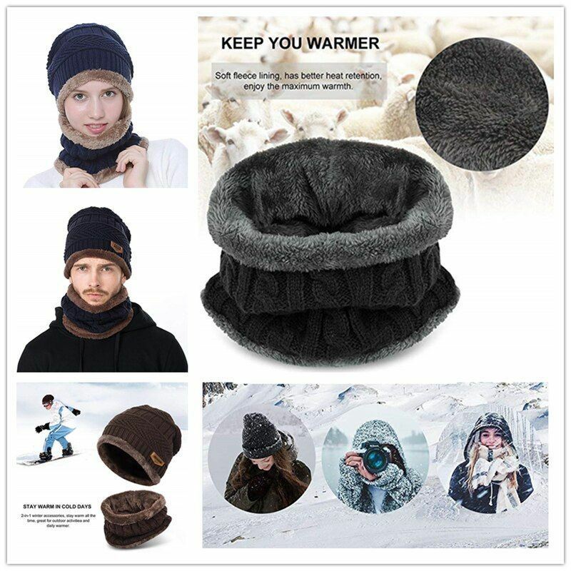 Winter Beanie Hat Scarf Set Soft Fleece Inner Lining Stretchy Knit Cap Elastic