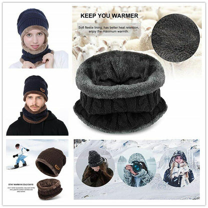 Winter Beanie Hat Scarf Set Soft Fleece Inner Lining Stretchy Knit Cap Elastic
