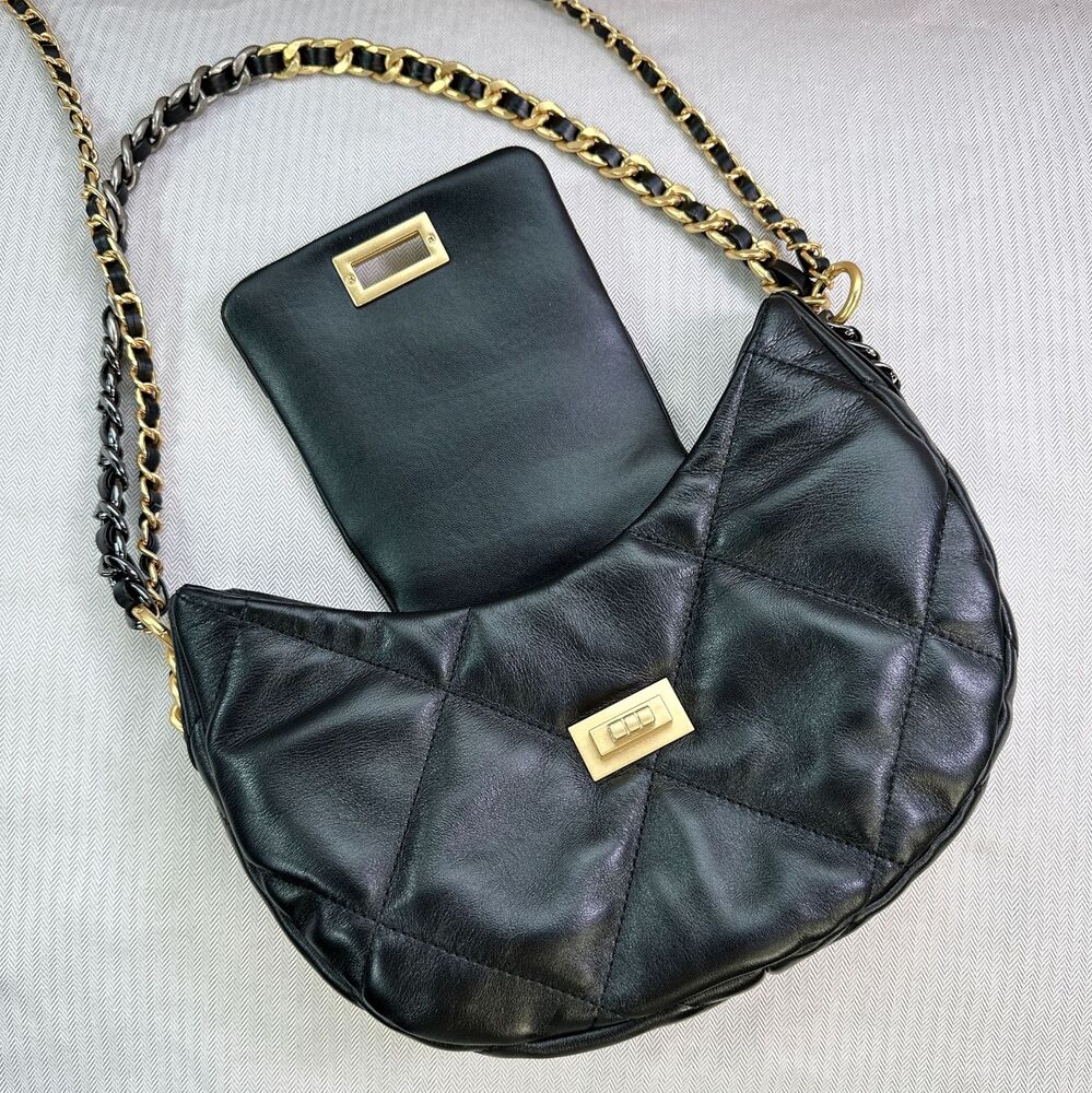 Quilted Lambskin Leather Hobo Purse Shoulder Bag Tote Handbag w/ Chains Fashion