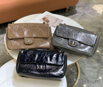 Shiny Real Leather Small Flap Shoulder Bag Purse Double Chains Crossbody Handbag