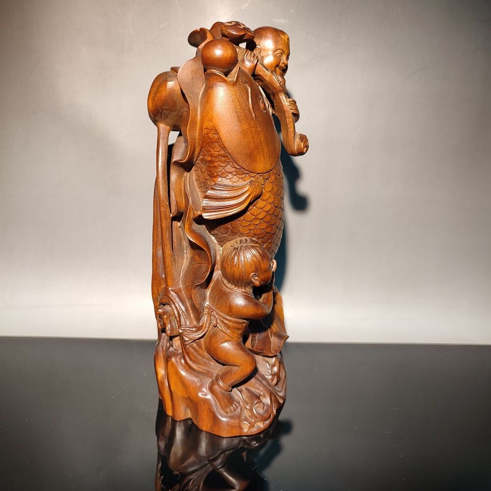 7" happy children big fish lotus flower statue figures home decor carving carved