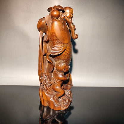 7" happy children big fish lotus flower statue figures home decor carving carved