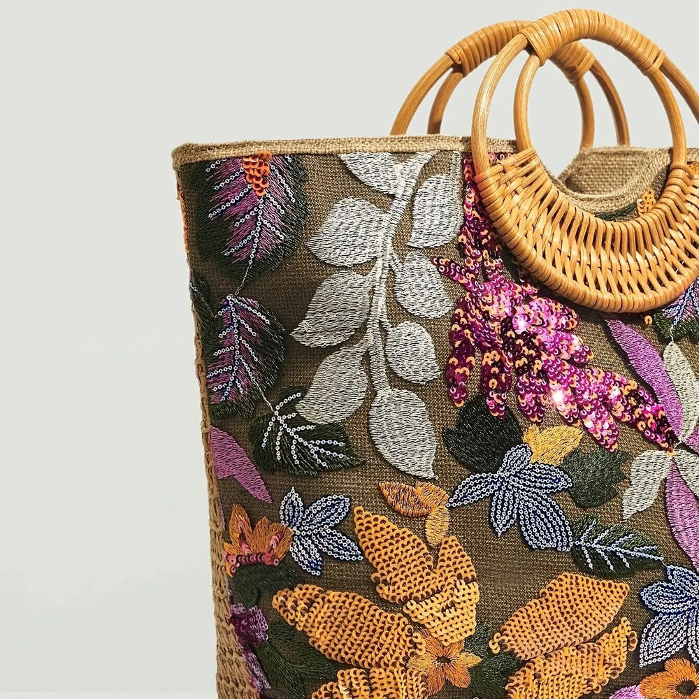 Sequin Flower Graphic Top Handle Bag, Ethnic Tote and Bohemian Handbag Vacation