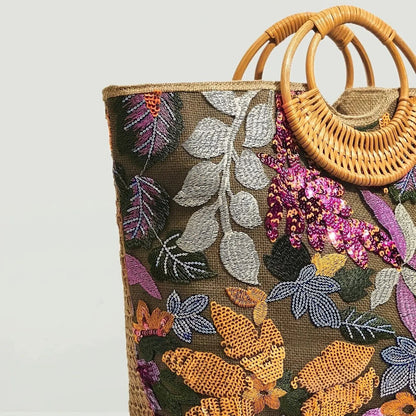Sequin Flower Graphic Top Handle Bag, Ethnic Tote and Bohemian Handbag Vacation