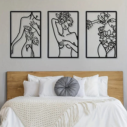 3pc Minimalist Abstract Woman Wall Art - Metal Line Drawing Home Decor