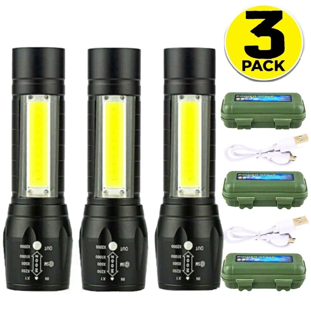 3 Linternas Alta Potencia Batería Poderoso Linterna Camp Recargable LED Tactica