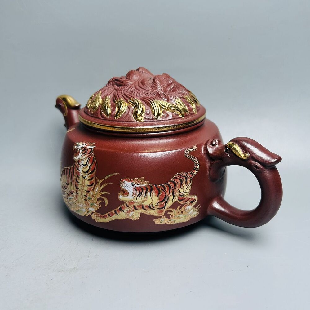 Chinese Yixing Purple Clay Teapot Zisha Ceremony Painted Tiger Nice Tea Set Rare