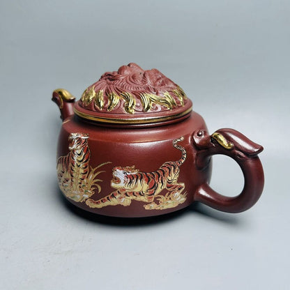 Chinese Yixing Purple Clay Teapot Zisha Ceremony Painted Tiger Nice Tea Set Rare