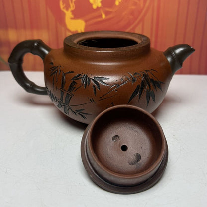 Vintage Chinese Yixing Purple Clay Teapot Zisha Ceremony Carving Bamboo Teaware