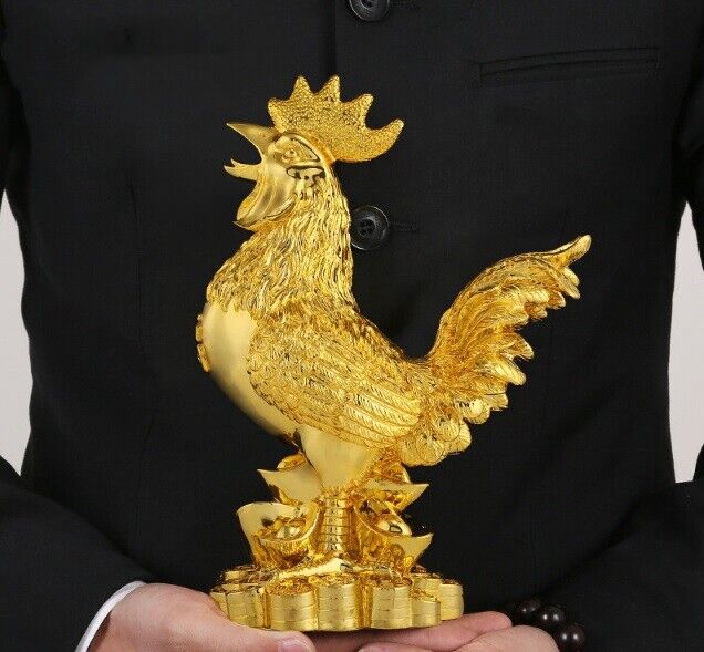 Chicken Figurine Gold Plating Lucky Cock Home Decoration Resin Statue 26x14x38cm