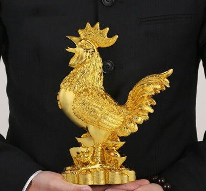 Chicken Figurine Gold Plating Lucky Cock Home Decoration Resin Statue 26x14x38cm