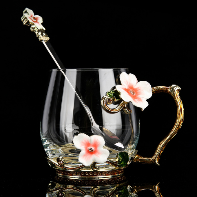 Enamel color water cup set with lid spoon crystal glass coffee cup tea cup