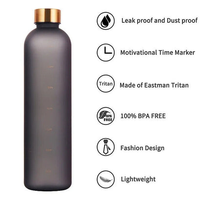 Water Bottle 1L PC W/ Time Marker Motivational Reusable Fitness Sports Drinkware