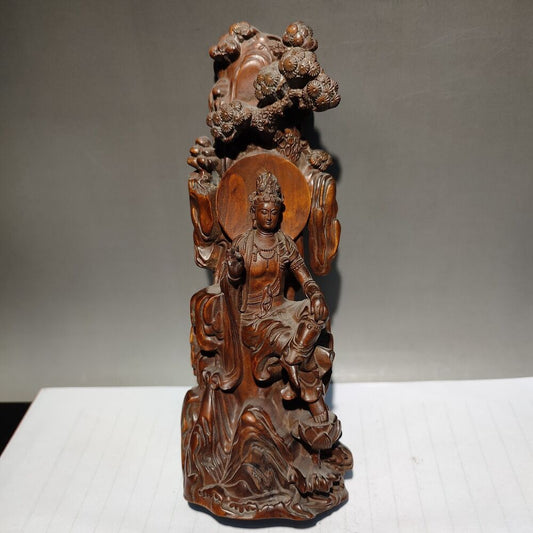 wooden Pine fortune praying kwan yin guanyin quan statue wood sculpture Figurine