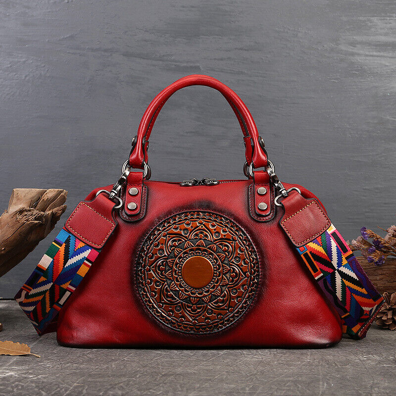 Genuine Leather Womens Bag Retro Handbag Floral Embossed Sling Shoulder Bag