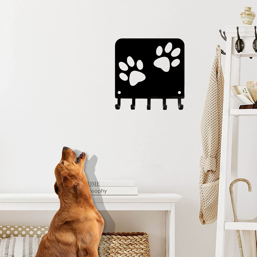 Paw Print Key Rack Hanger & Dog Leash Organizer - 6 inch Wide Metal Wall Art