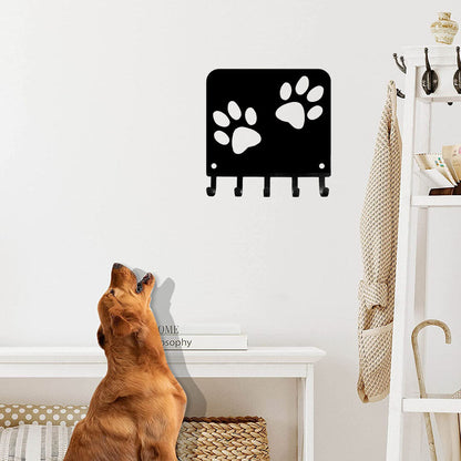 Paw Print Key Rack Hanger & Dog Leash Organizer - 6 inch Wide Metal Wall Art