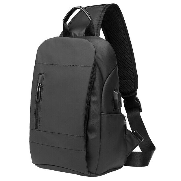 Men's Sling Backpack Oxford cloth Waterproof Crossbody Bag Black Daypack USBport