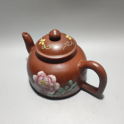 Vintage Chinese Yixing Purple Clay Teapot Zisha Ceremony Painted Peony Teaware