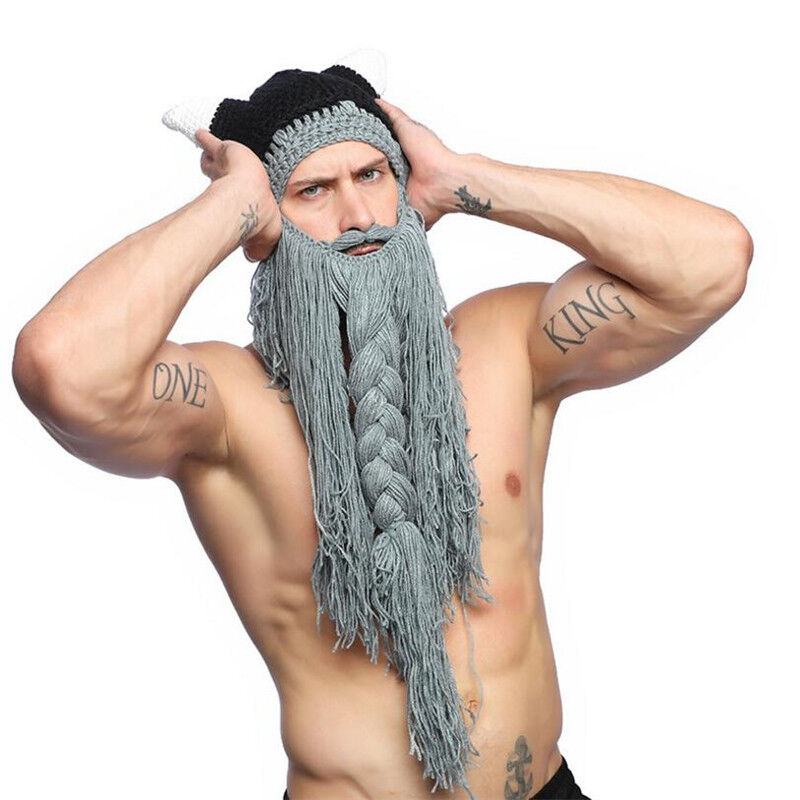 Nordic Style Hats Winter Viking Horn Wool Creative Long Beard Hats Halloween Cap