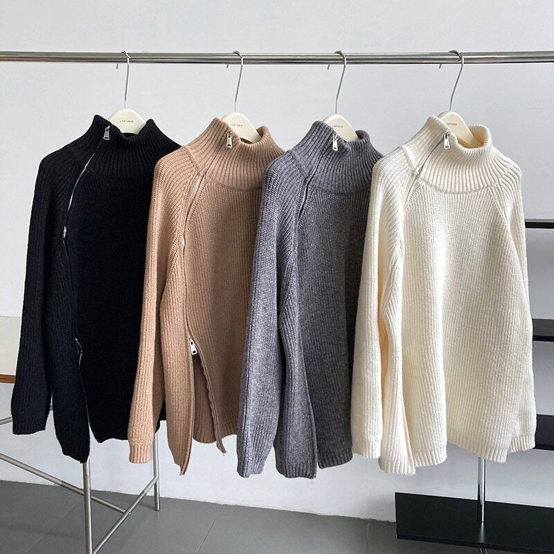 Women's Turtleneck Zipper Sweater Gray White Black High Neck Jumper