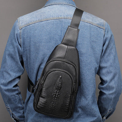Mens Cow Leather Crocodile Pattern Chest Bag Sling Backpack Crossbody Travel Bag