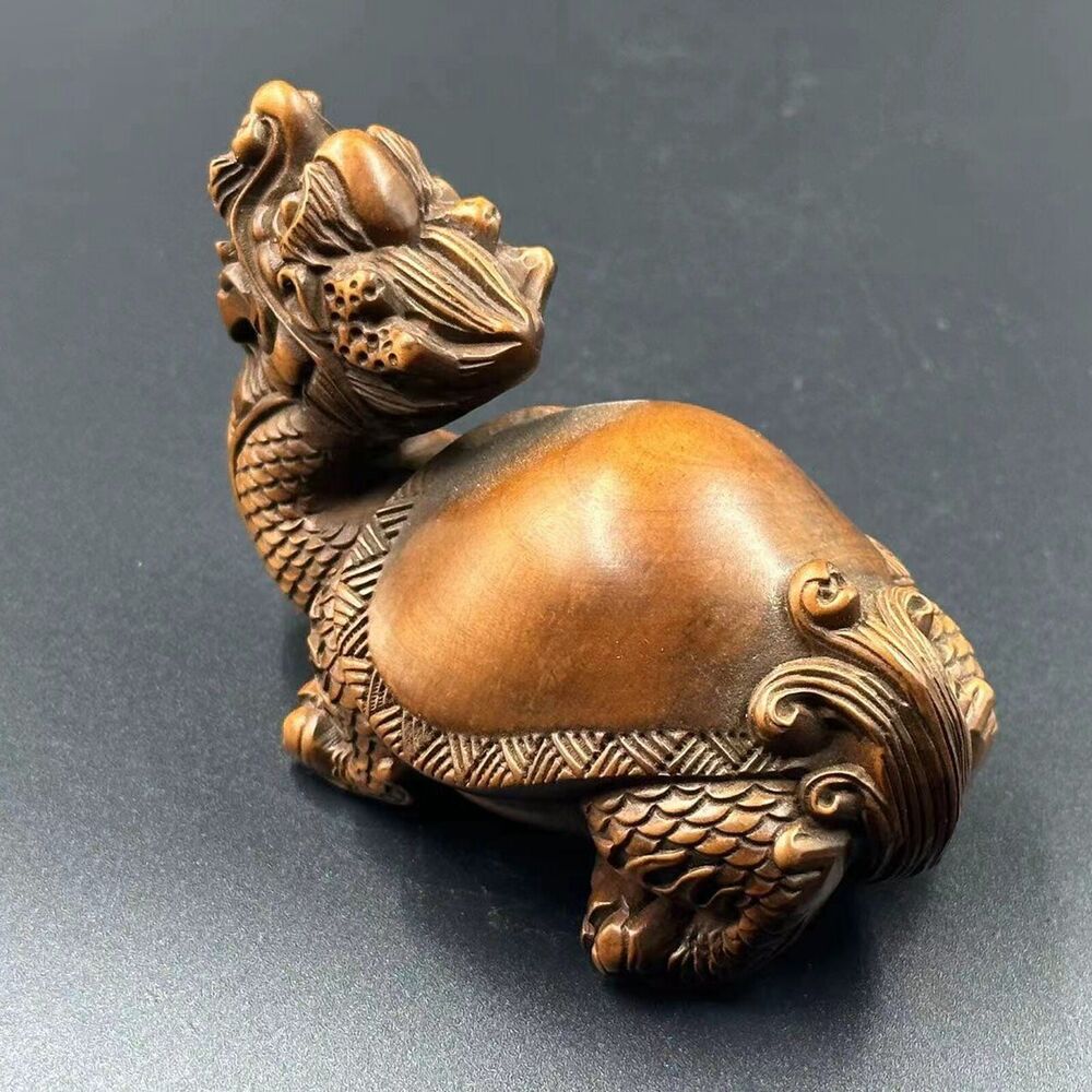 Collections Chinese Boxwood Carving Dragon Turtle Statue Nice Figurines Artwork