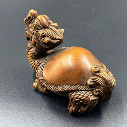 Collections Chinese Boxwood Carving Dragon Turtle Statue Nice Figurines Artwork