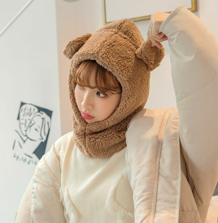 Warm Hats Winter Cute Bear Ears Windproof Neck Scarf Cap Student Women Cashmere