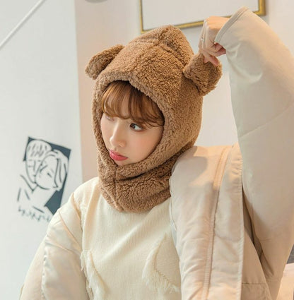 Warm Hats Winter Cute Bear Ears Windproof Neck Scarf Cap Student Women Cashmere