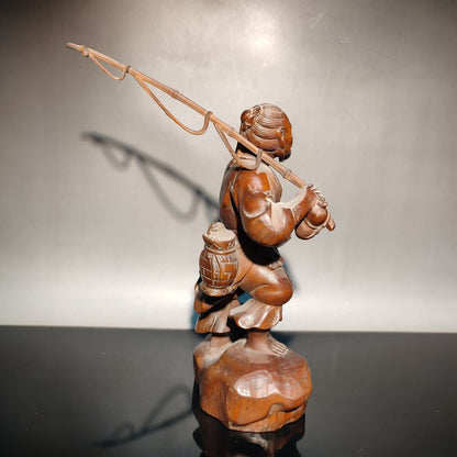 happy fisherman fisher farmer statue figures home decor boxwood carving carved
