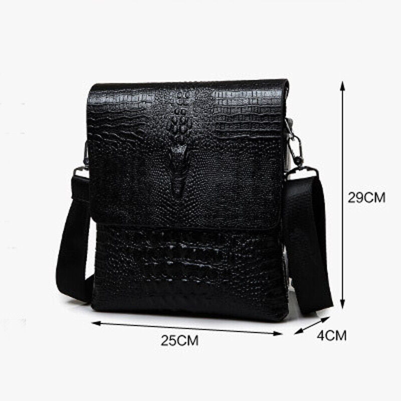 Men's Leather Black Crocodile Sling Shoulder Bag Crossbody Bag 10" Messenger Bag