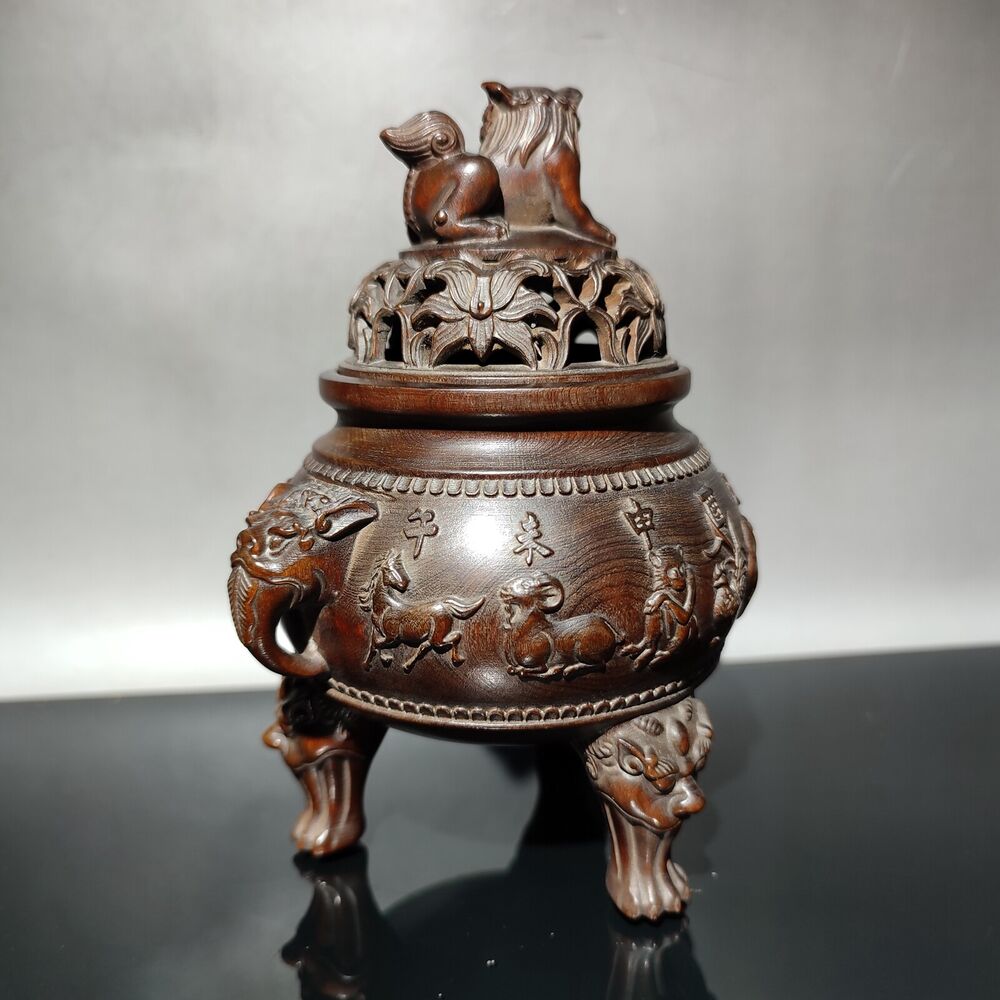 Boxwood Tripod Censer buddha incense holder lion statue Animal figurines antique