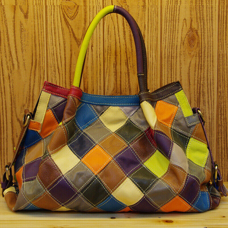 100% Genuine Leather Colorful Floral Patchwork Handbag Women's Tote Shoulder Bag