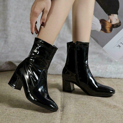 Women's Square Toe Ankle Boots Patent Leather Chunky Heels Leisure Zip Shoes New