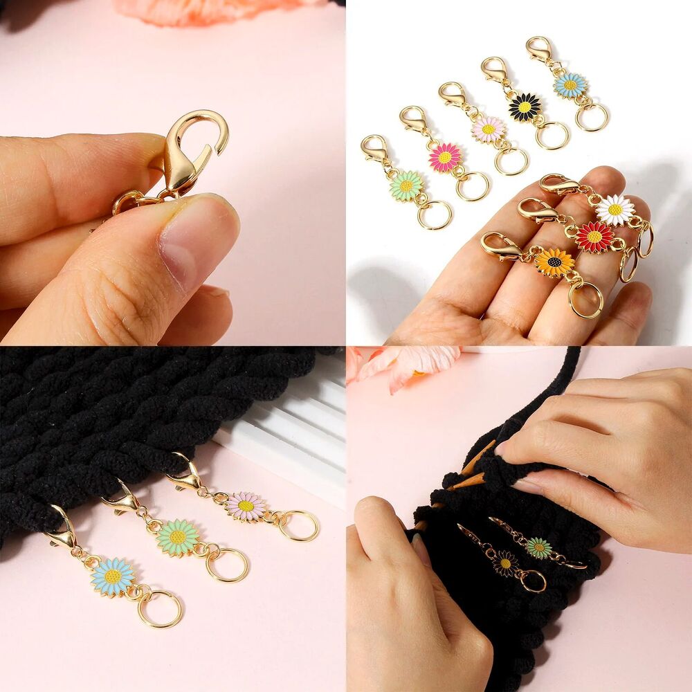 Knitting Stitch Markers 9Pcs Zinc Based Alloy Daisy Flower Pendant Crochet Latch