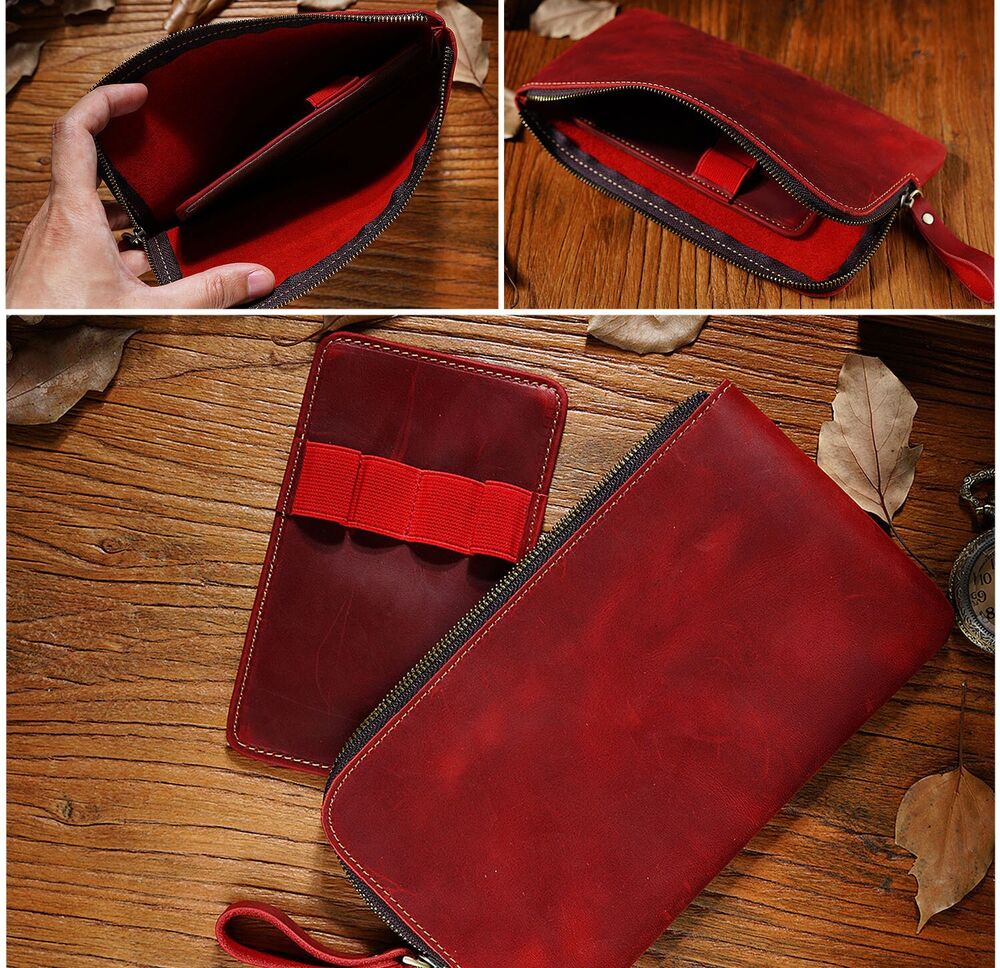 Handmade Cowhide Leather Pen/Pencil Case, Larege Capacity Stationery Storage Bag