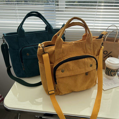 Corduroy Shoulder Tote Handbag Canvas Messenger Bags Zipper Simple Crossbody Bag