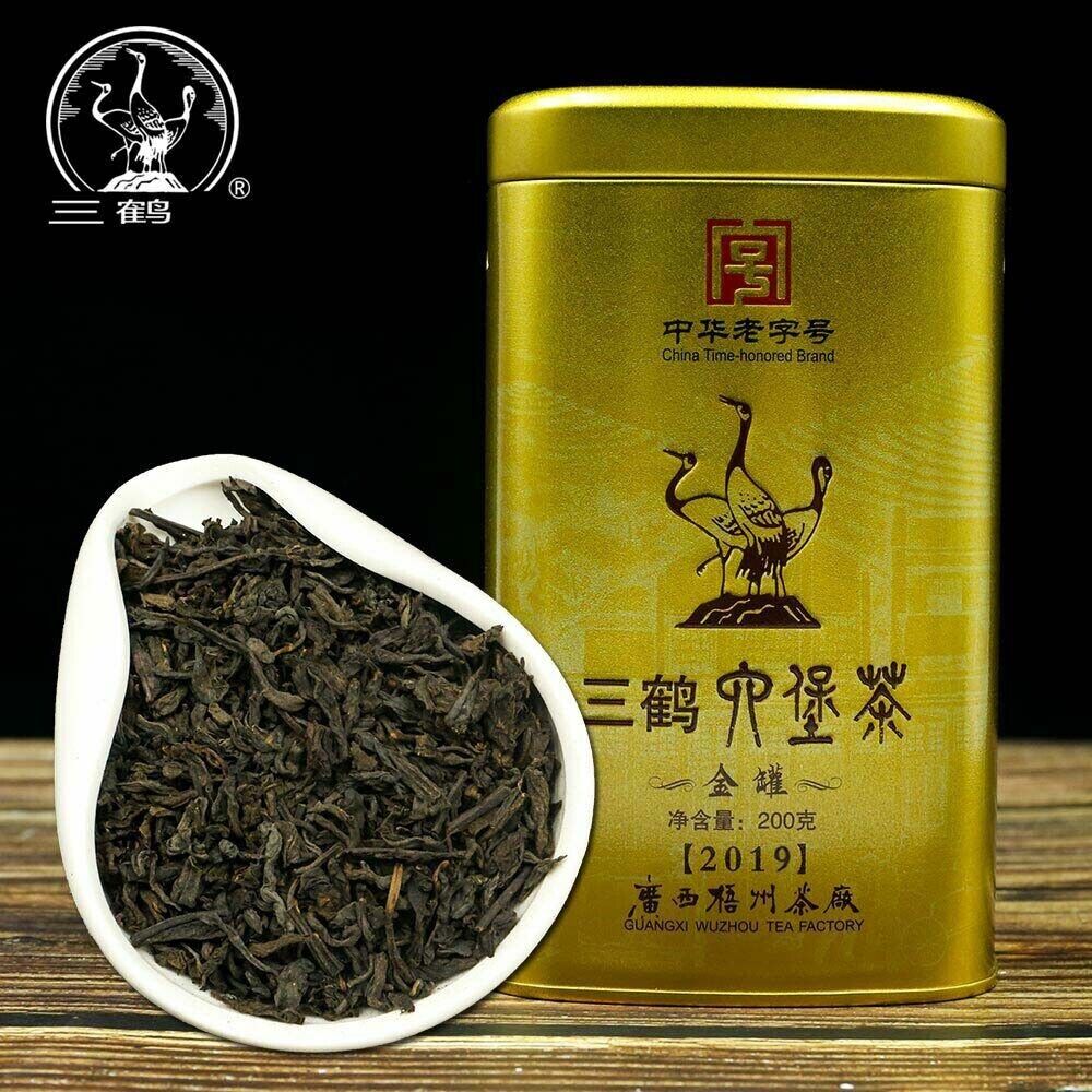 Three Cranes Loose Dark Tea Guangxi Liupao Box Tea Hei Cha Golden Jar 200g