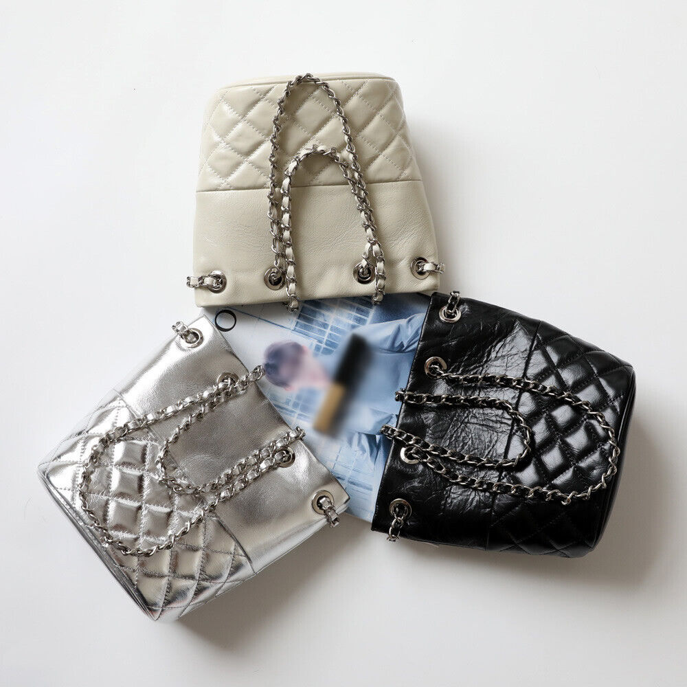 Small Mini Quilted Real Leather Bucket Tote Shoulder Bag Purse Clutch w/ Chain