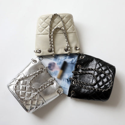 Small Mini Quilted Real Leather Bucket Tote Shoulder Bag Purse Clutch w/ Chain