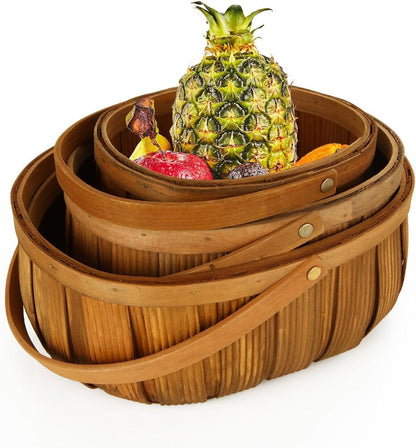 Hand Woven Wooden Bread Picnic Baskets with Handle Storage Organizer 3 Pieces